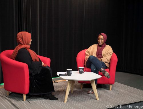 Eman bare being interviewed by writer; Haazifah